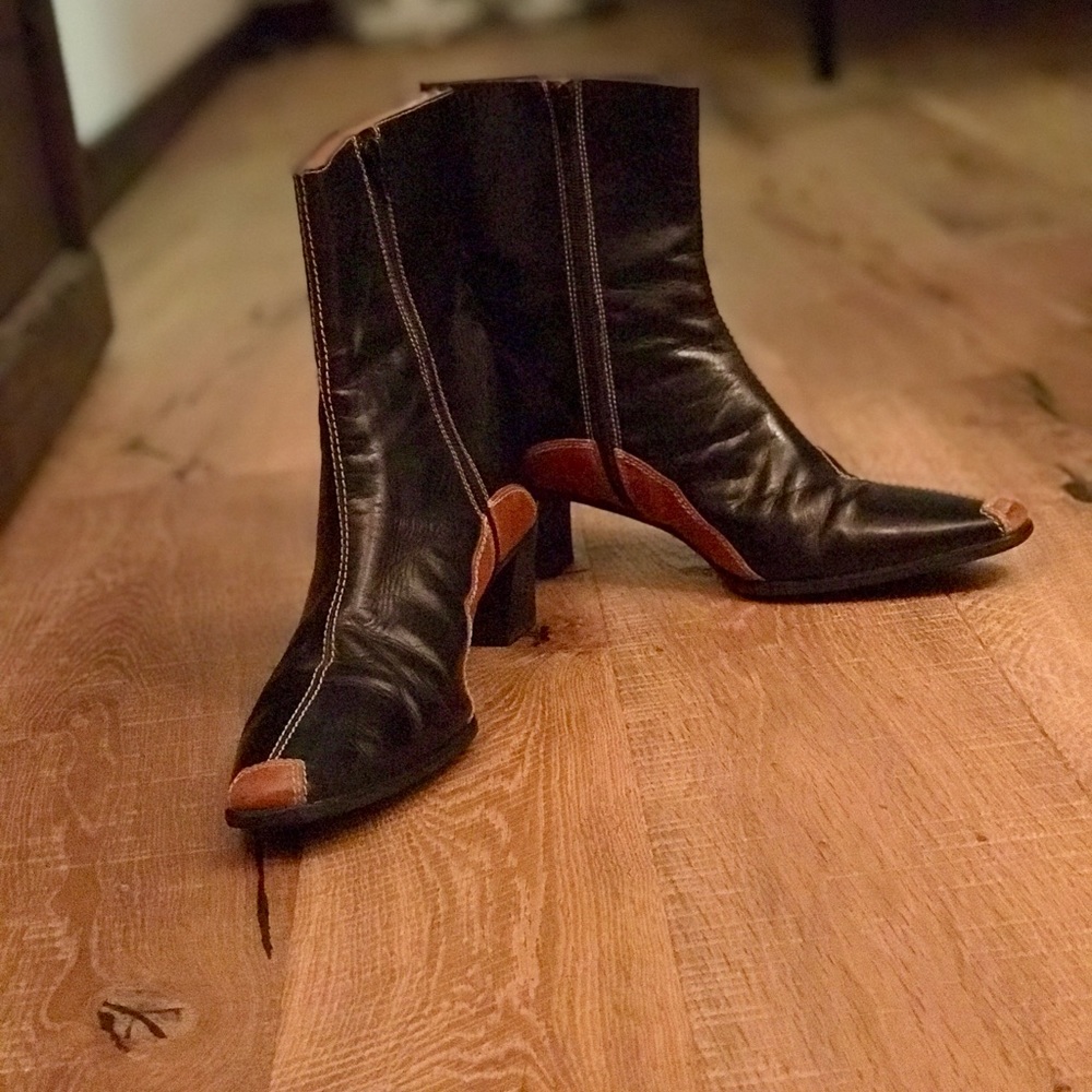 Vintage look Black and Tan Italian leather booties